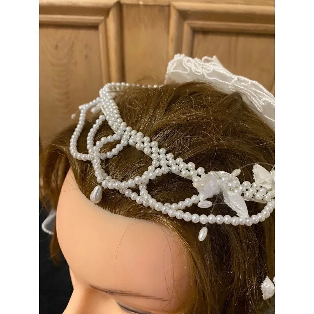Vintage 2 Tier Viel Bridal Wedding Lace Tulle Tiered Pearls Headband